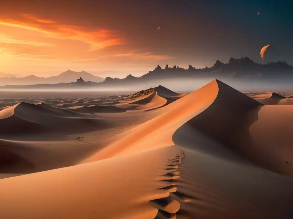 Un paisaje desértico vasto y misterioso, con dunas, cielo anaranjado, dos lunas y silueta de gusanos de arena