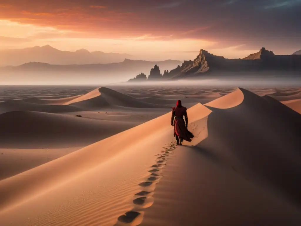 Un paisaje desierto inmenso bajo un cielo rojo sangre, con dunas de arena altas que parecen no tener fin