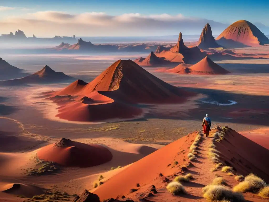 Un paisaje detallado del desierto rojo de Vulcano con formaciones rocosas, el Forja al fondo y nativos en ritual