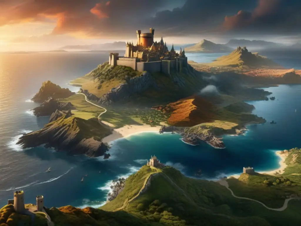 Un paisaje detallado de Westeros que muestra sus diversas regiones bajo un cielo dramático al atardecer