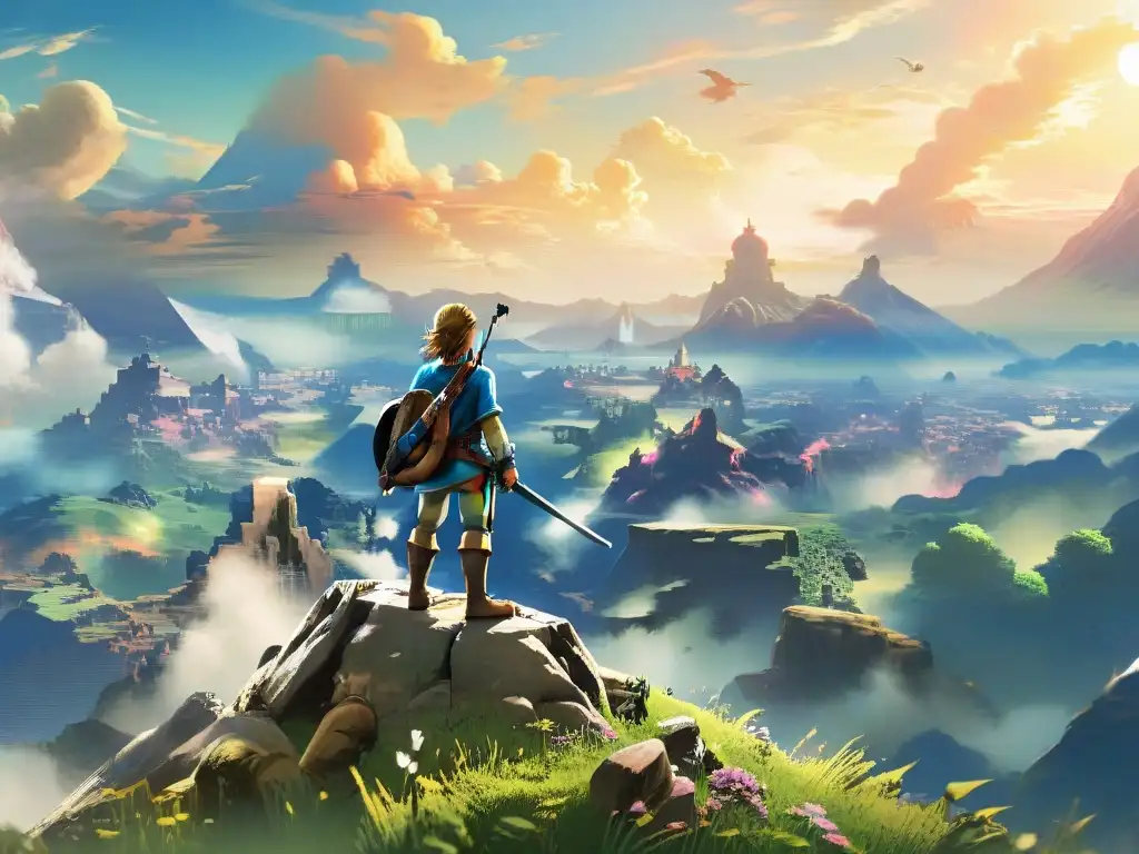 Un paisaje épico en 'Legend of Zelda: Breath of the Wild', con Link en un acantilado al atardecer