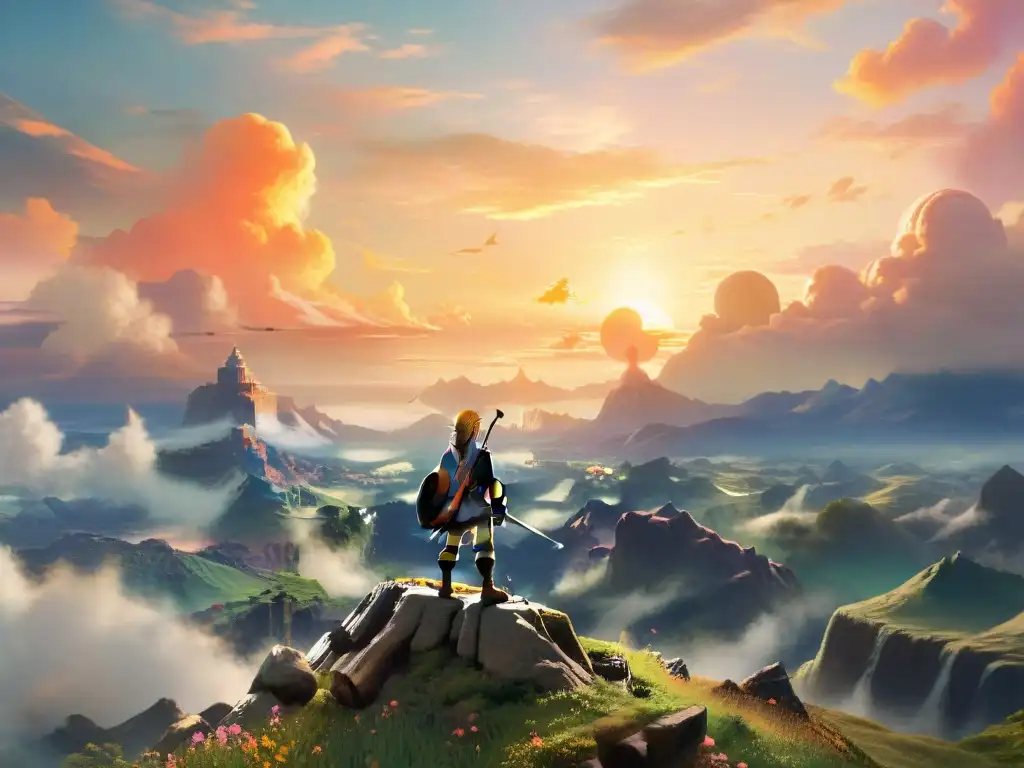 Link contempla un paisaje épico al atardecer en Hyrule, listo para exploración en mundos ficticios profundos