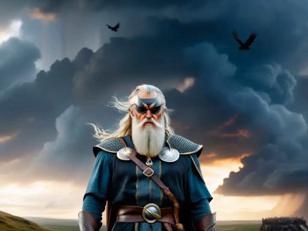 Odin, dios nórdico, en un paisaje épico de batalla con cuervos y Asgard al fondo