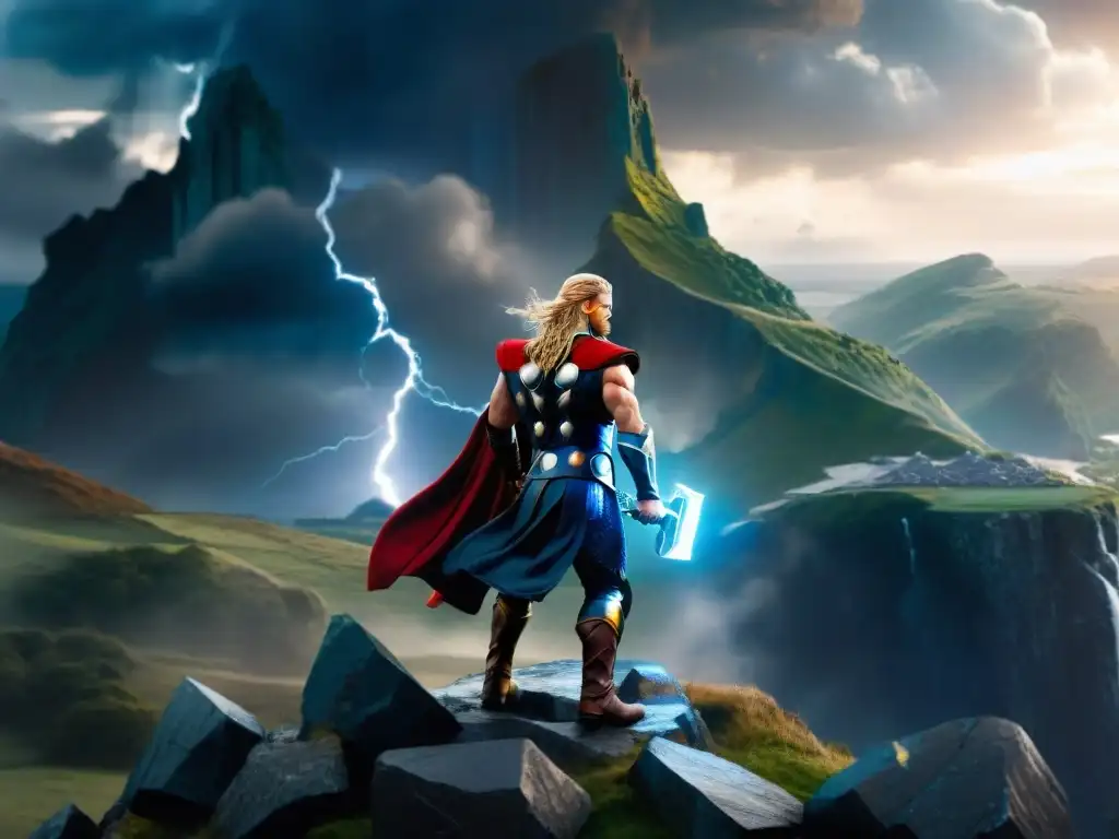 Thor, con Mjolnir, en un paisaje épico de la mitología nórdica en Asgard, con runas y ruinas antiguas