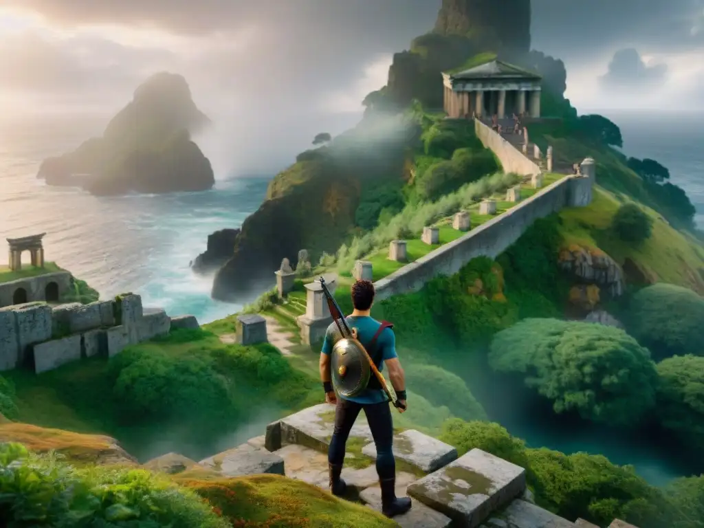 Percy Jackson en un paisaje épico de mitología, con ruinas griegas y un clima tormentoso