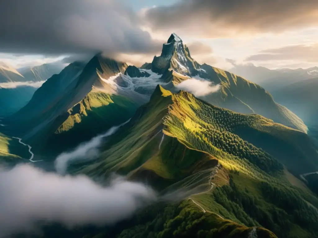 Paisaje épico de montañas nevadas, ríos y bosques bajo un cielo dramático