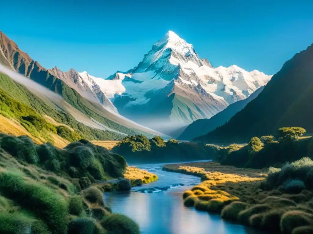 Paisaje épico de Mount Cook en Nueva Zelanda como escenario LOTR, con río y vegetación, bañado por la luz dorada del atardecer