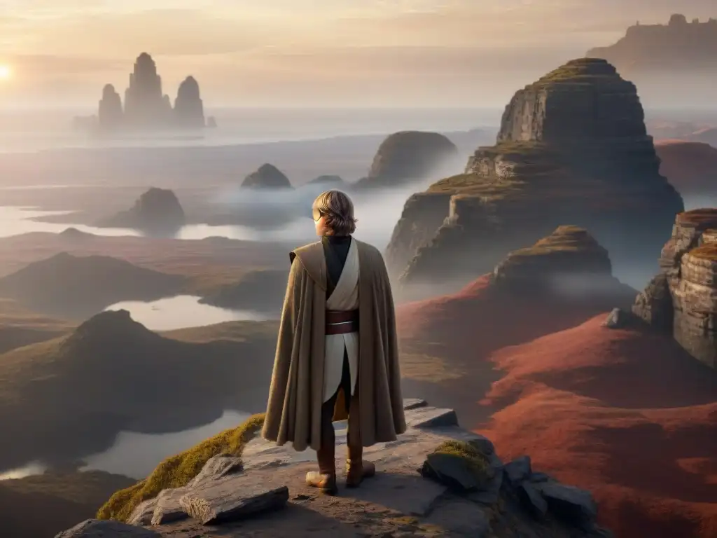 Luke Skywalker en un paisaje épico de dos soles, reflejando los arquetipos en Star Wars mitología