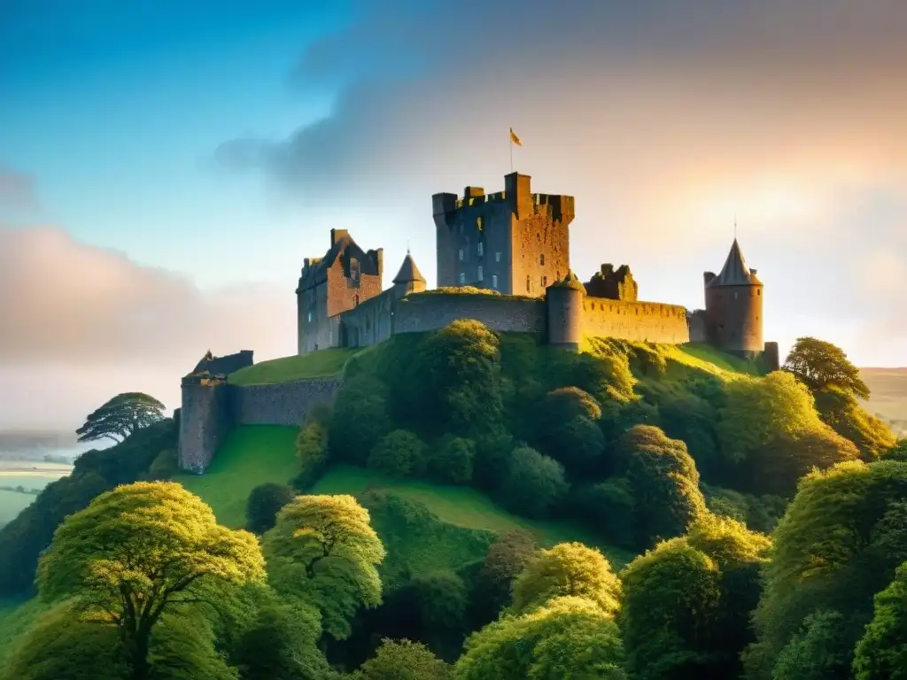 Paisaje escocés en Outlander: Castillo de Doune bañado en luz dorada, rodeado de vegetación y colinas, bajo cielo azul