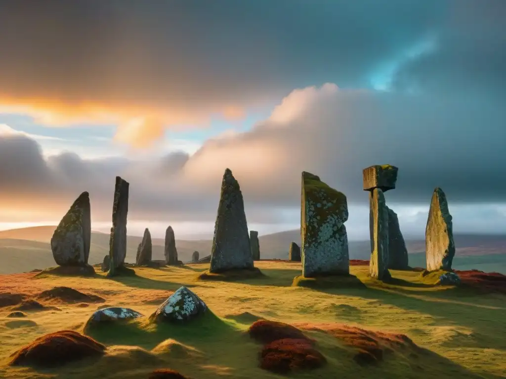 Paisaje escocés místico con piedras antiguas en Outlander, envuelto en niebla y misterio