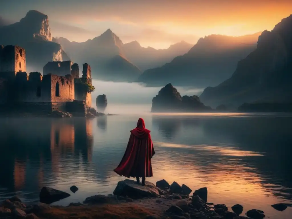 Un paisaje etéreo y misterioso al anochecer, con ruinas antiguas parcialmente sumergidas en un cuerpo de agua oscuro y quieto