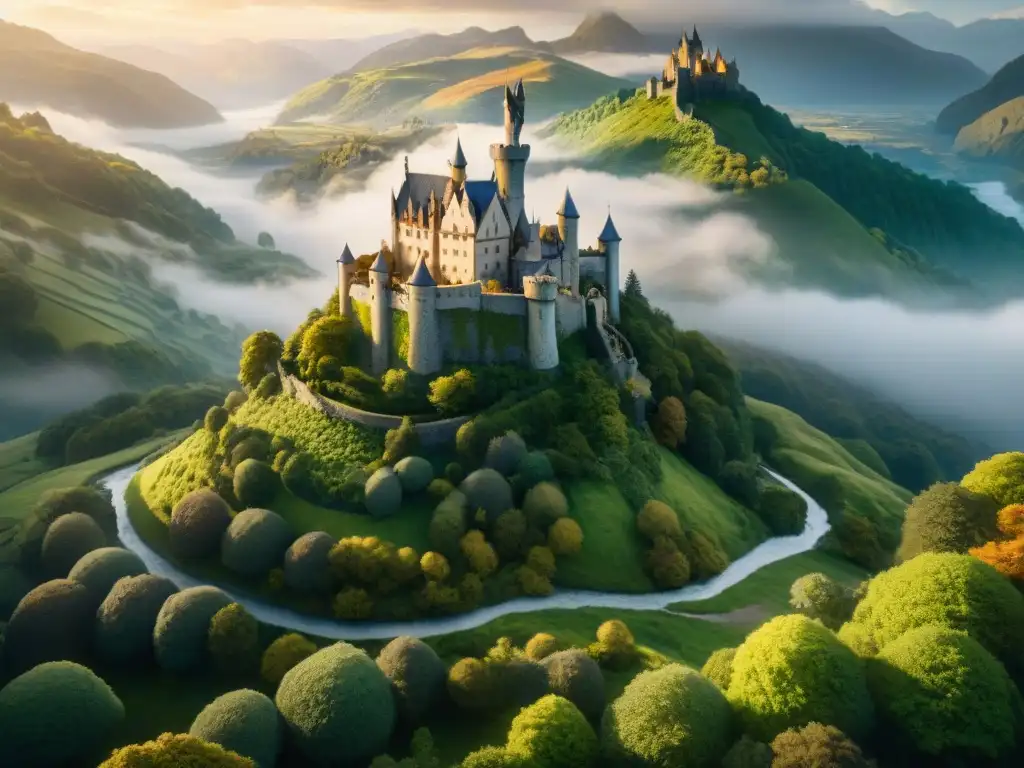 Un paisaje fantástico detallado en 8k con un castillo al atardecer