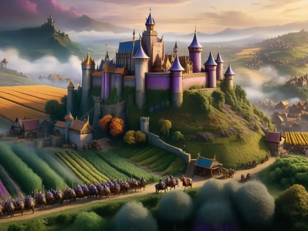 Paisaje feudal de Warcraft: castillo medieval, aldeas, caballeros y granjas