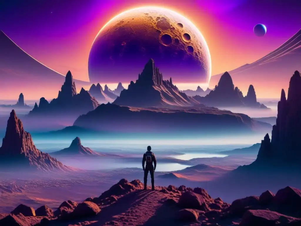 Portal interdimensional: ciudad futurista en mundo alienígena Un paisaje futurista en un mundo alienígena con estructuras cristalinas, un portal brillante y la luna alienígena