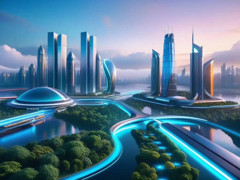 Un paisaje futurista utópico con tecnología en utopías ficticias