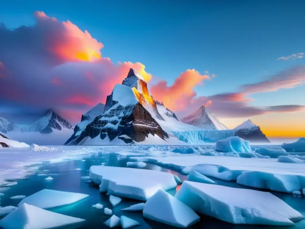 Un paisaje helado con glaciares, icebergs y un atardecer polar, evocando la belleza de 'Frozen Planet'