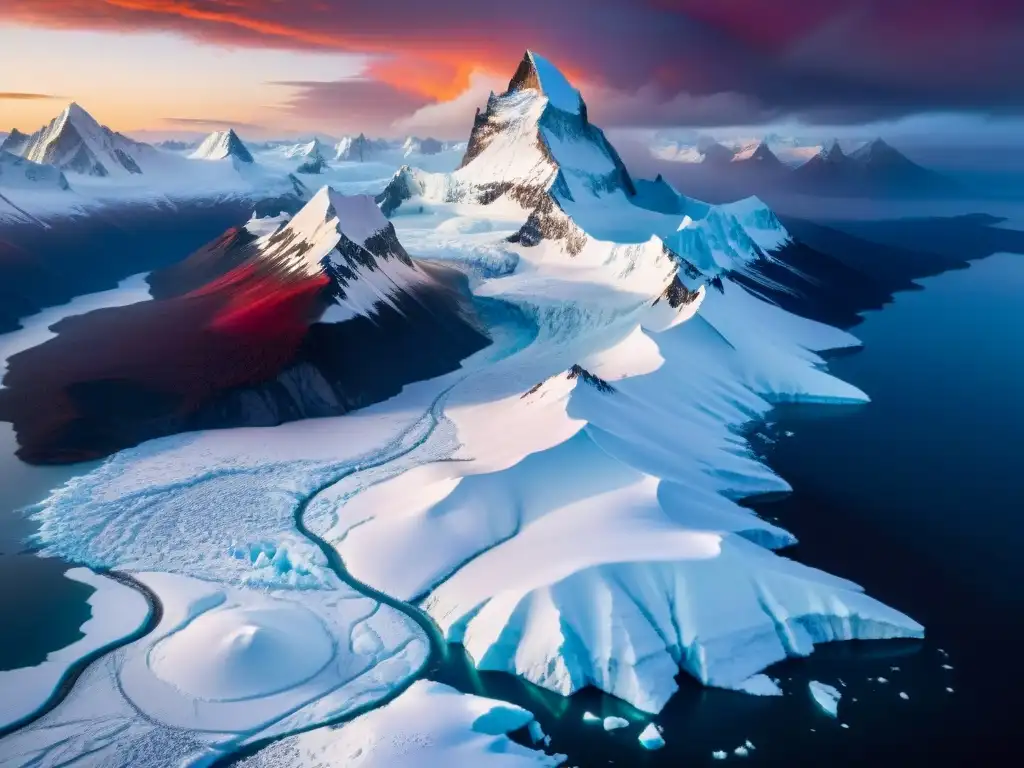 Un paisaje helado con glaciares y montañas nevadas, bajo un cielo rojo ardiente