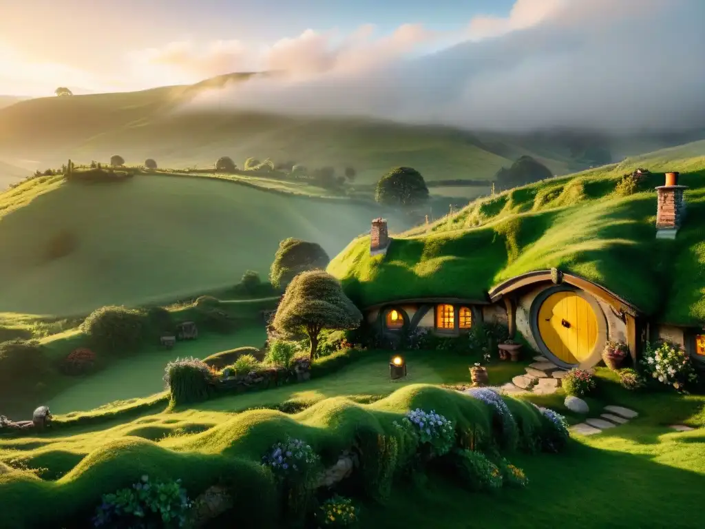 Paisaje hobbit idílico con colinas verdes, hoyos acogedores y chimeneas humeantes, iluminado por una suave luz dorada