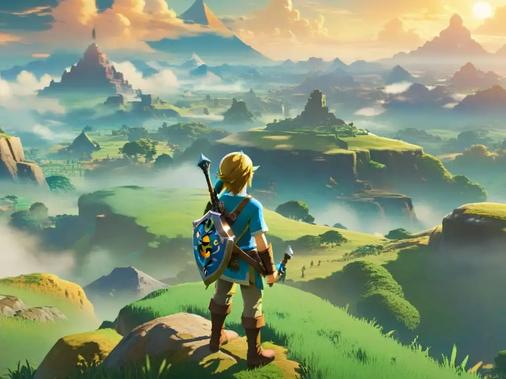 Link contempla el paisaje de Hyrule al atardecer, mostrando la exploración en mundos ficticios profundos en 'Legend of Zelda: Breath of the Wild'