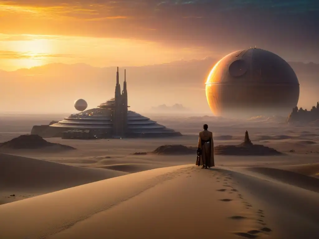 Un paisaje de Star Wars real: Las icónicas gemelas solares se ponen en el desierto de Tatooine, con el Halcón Milenario estacionado