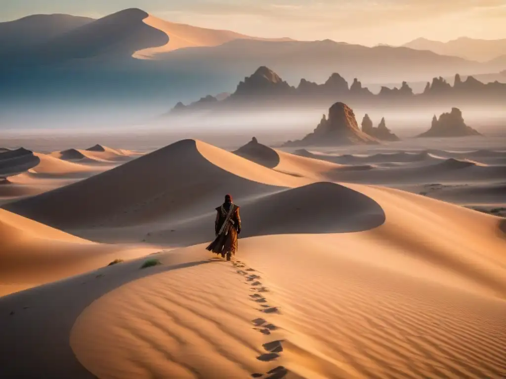 Un paisaje impresionante del vasto desierto de Arrakis bajo un cielo iluminado por dos lunas, con criaturas y culturas de Arrakis