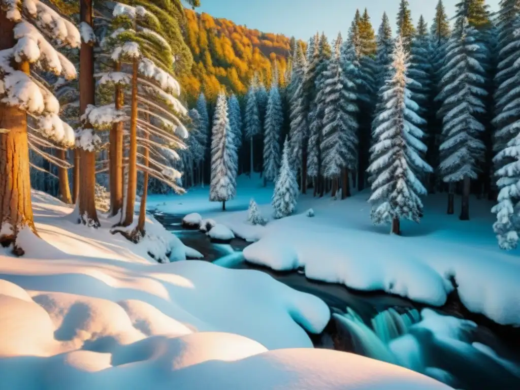 Un paisaje invernal parecido a Narnia: bosque nevado con pinos cubiertos de nieve, cascada congelada y luz dorada filtrándose entre las ramas