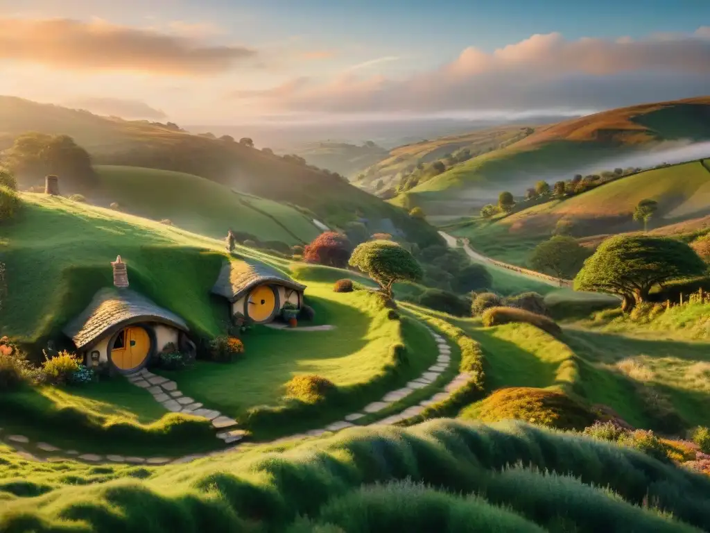 Un paisaje mágico de La Comarca al atardecer, con casas de hobbits y senderos, ideal para la exploración de la Tierra Media