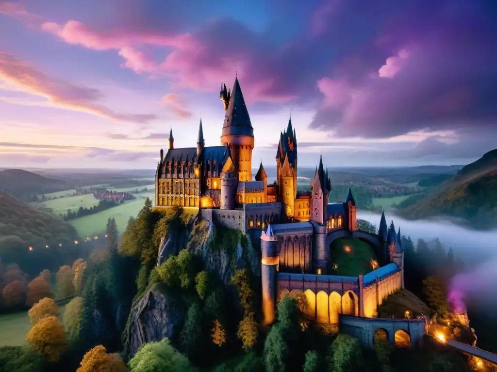 Un paisaje mágico y misterioso de Hogwarts al atardecer, con una atmósfera de encanto y misticismo que evoca los orígenes de la magia y la mitología