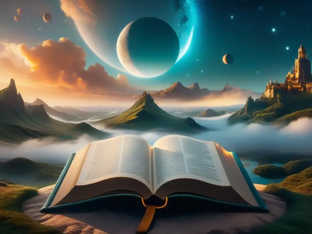 Un paisaje mágico con múltiples lunas y estrellas, un libro antiguo abierto iluminado, revelación de mundos ficticios