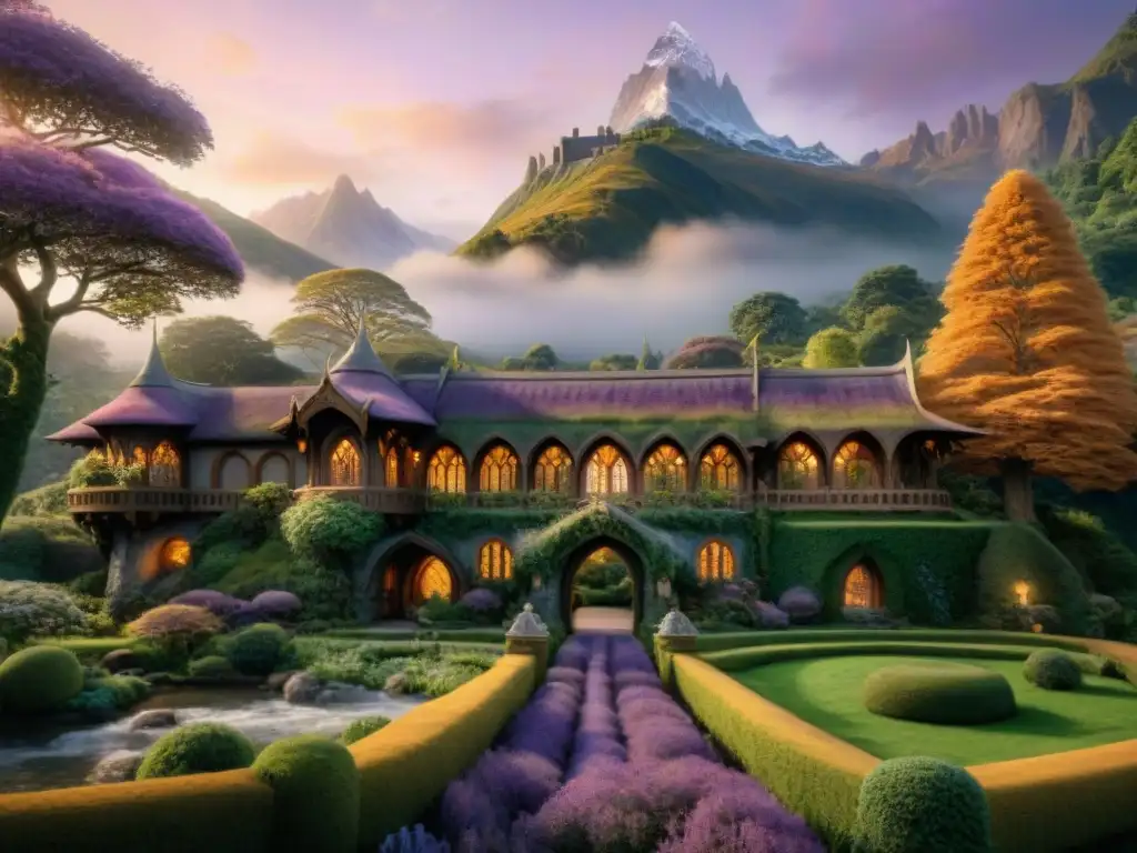 Paisaje mágico de Rivendell, Reinos Élficos en la Tierra, con ríos cristalinos y jardines vibrantes al atardecer