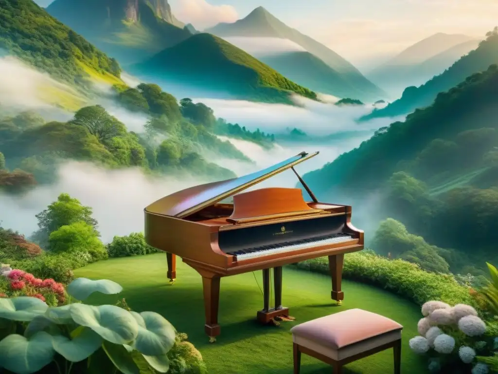 Un paisaje majestuoso y mágico con un piano entre la vegetación