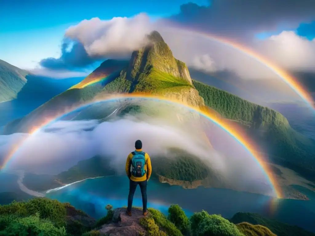 Un paisaje majestuoso y misterioso de montañas, lago y arcoíris doble, crea un mundo de creatividad y asombro