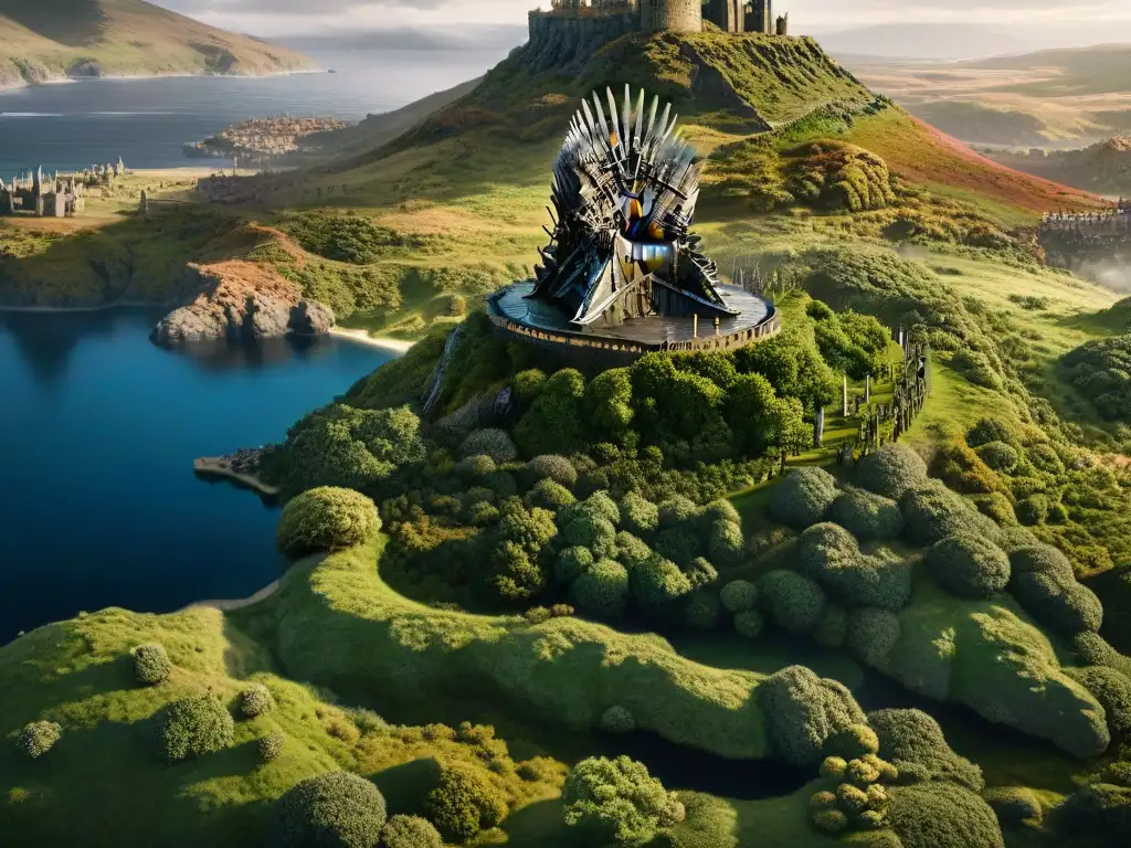 Un paisaje majestuoso de Westeros, con sus castillos, bosques y el Trono de Hierro, revelando el poder y la intriga política