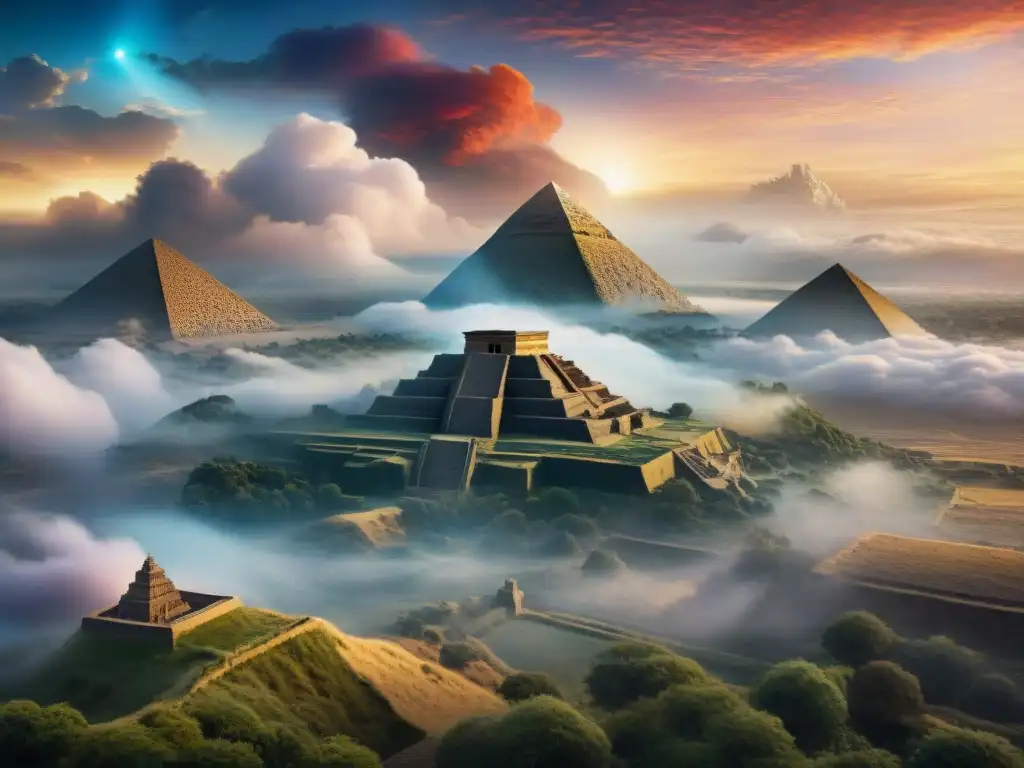 Un paisaje misterioso de mitología sumeria en universos ficticios con ziggurats y criaturas míticas entre neblina y colores cósmicos