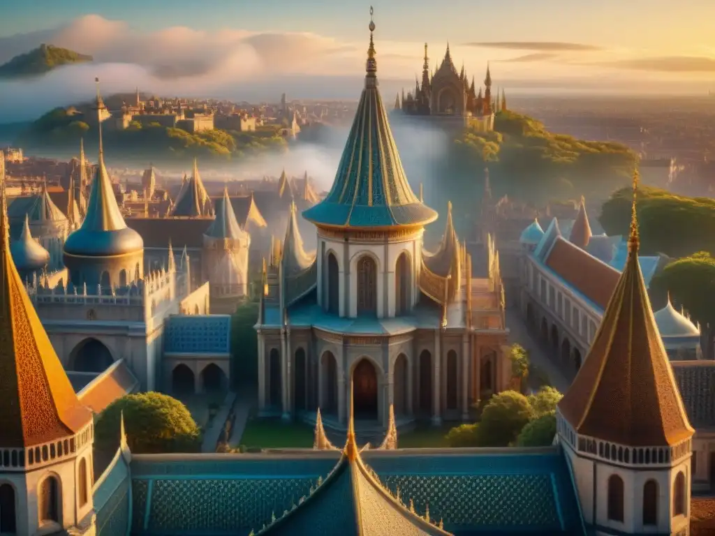 Encuentro mágico de seres míticos en ciudad ancestral Un paisaje místico de una ciudad antigua, seres míticos de distintas épocas intercambian en un atardecer