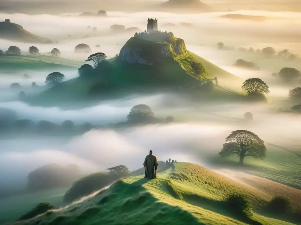 Un paisaje místico de la isla de Avalon en Inglaterra, con el Tor de Glastonbury y figuras en ritual, bañado en luz mágica