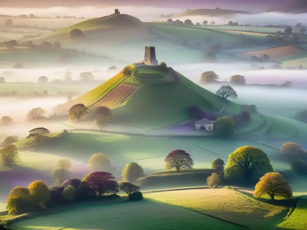 Un paisaje místico y mágico de Glastonbury Tor al atardecer, en las mitologías de Avalon Inglaterra