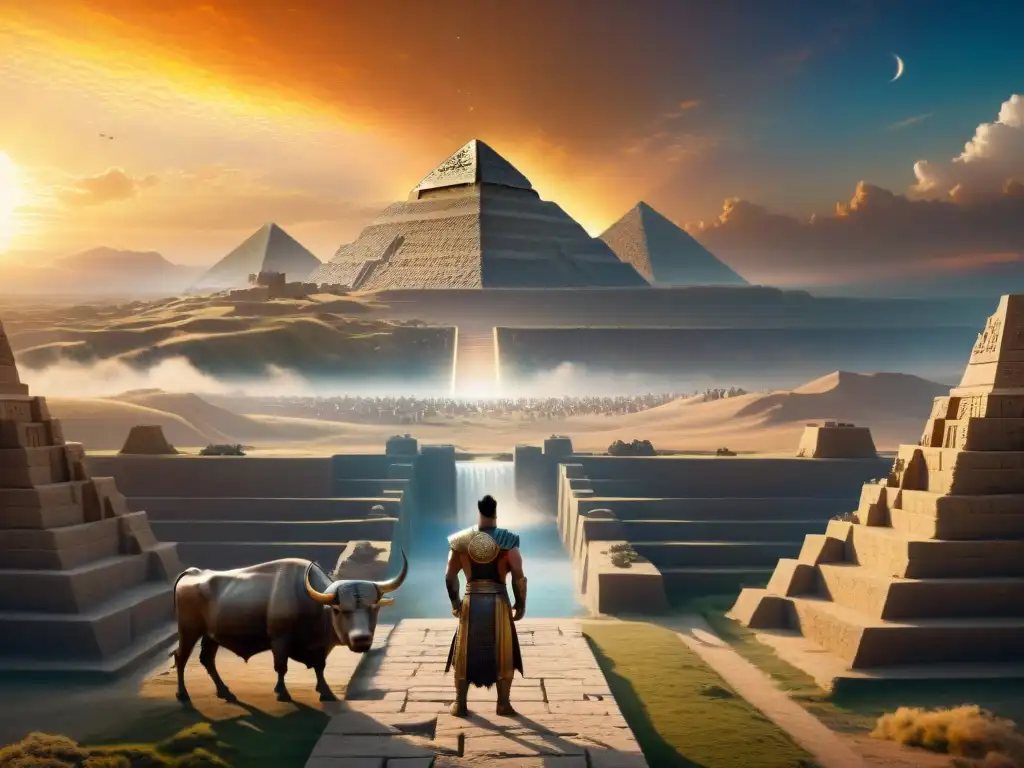 Paisaje mítico sumerio: ziggurats, criaturas y portal en un atardecer mágico