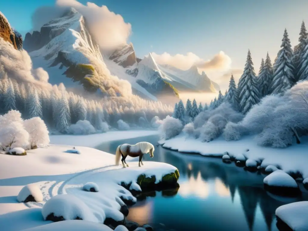 Un paisaje nevado y mágico de Narnia con montañas, ríos y un unicornio plateado