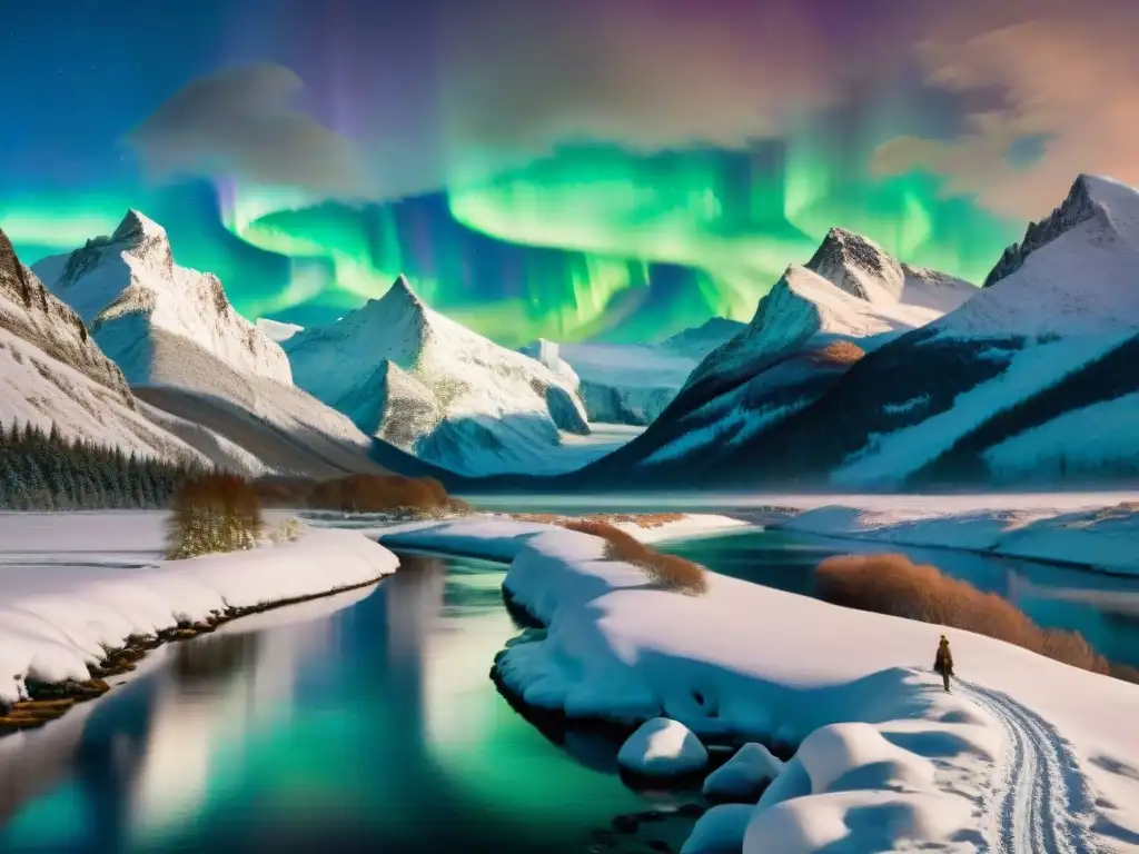 Un paisaje nevado y majestuoso de Narnia con montañas nevadas, río helado, criaturas míticas y auroras boreales