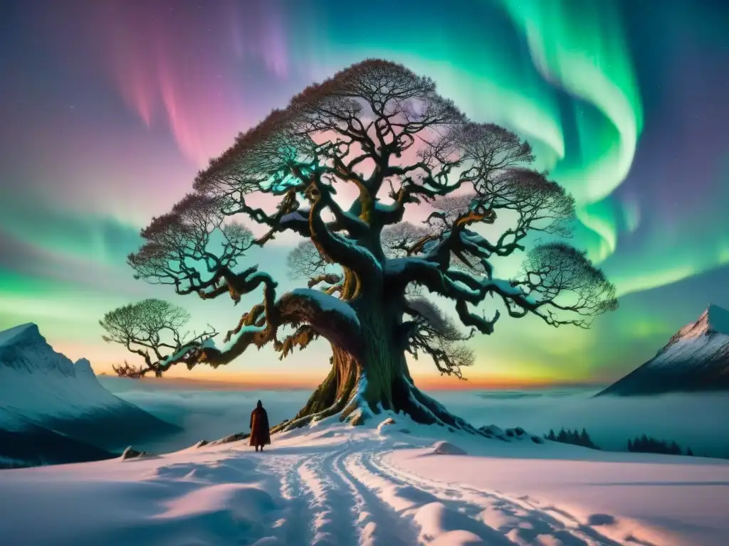 Un paisaje nevado y místico con árbol rúnico, auroras boreales, figura con espada y dragón iridiscente