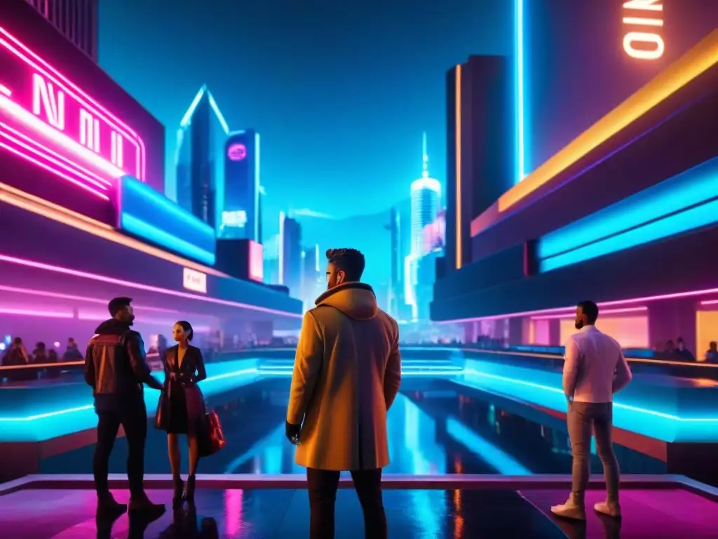 Un paisaje nocturno futurista con seres míticos entrelazados en la cultura cyberpunk, fusionando lo antiguo con lo moderno