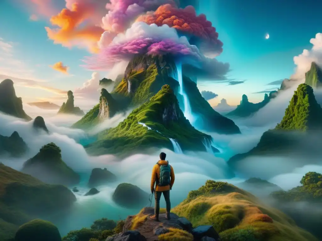 Un paisaje onírico con criaturas fantásticas en exploración subconsciente, colores vibrantes y misterio