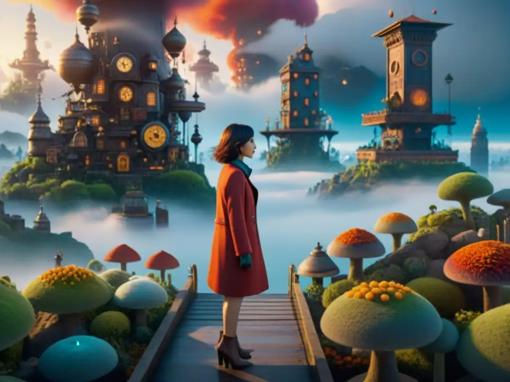 Un paisaje onírico detallado de la película 'Paprika', con rascacielos de relojería, islas flotantes y criaturas fantásticas