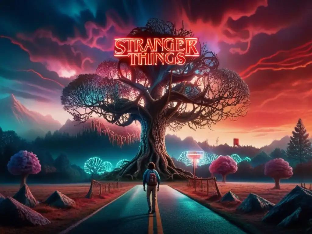 Paisaje oscuro y misterioso del mundo del revés de Stranger Things con criaturas monstruosas en las sombras