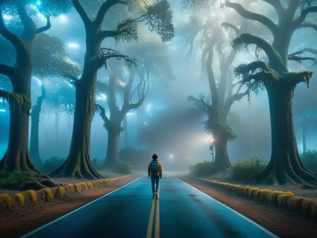 Un paisaje oscuro y misterioso del Mundo del Revés de Stranger Things, con árboles retorcidos y criaturas en la niebla