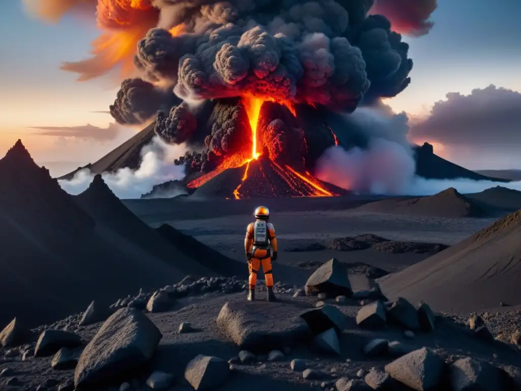 Un paisaje de Star Wars real: un planeta volcánico con ríos de lava entre rocas obsidiana, una figura solitaria observando la magnífica escena