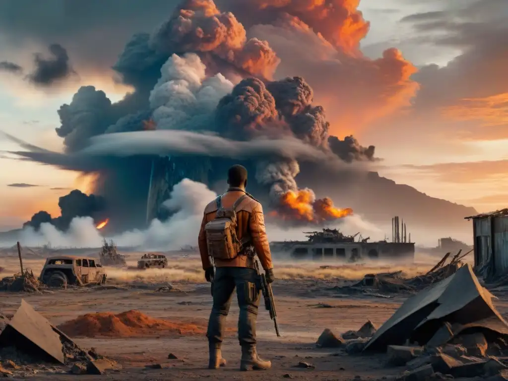 Un paisaje postapocalíptico intenso y desolado, con ruinas y un cielo naranja fuego
