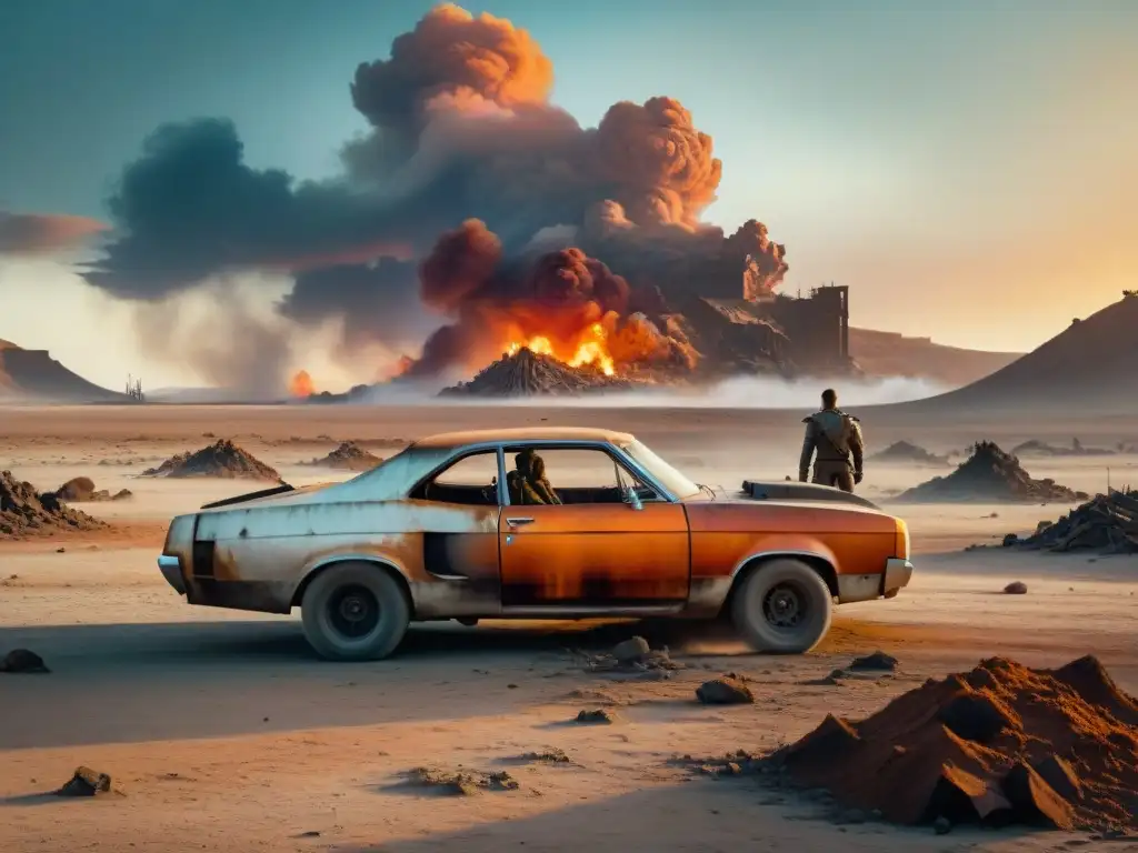 Un paisaje postapocalíptico con restos de civilización, un personaje solitario y un cielo naranja, evocando 'Mad Max' y 'El Libro de Eli'