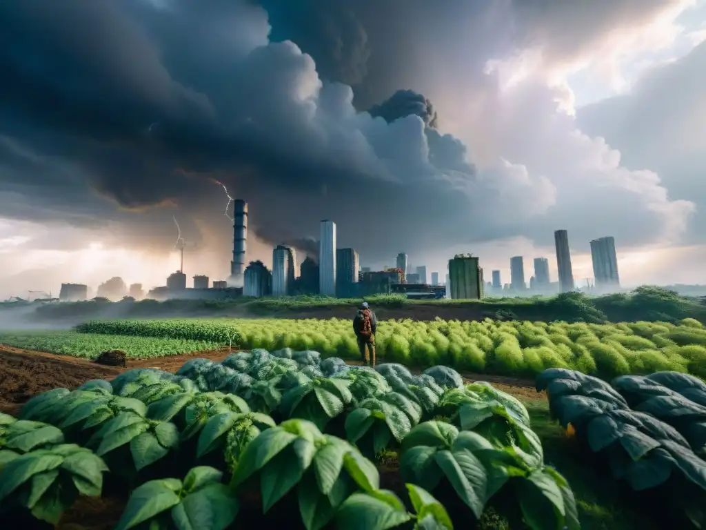 Un paisaje postapocalíptico con sobrevivientes cultivando en un mundo de contrastes